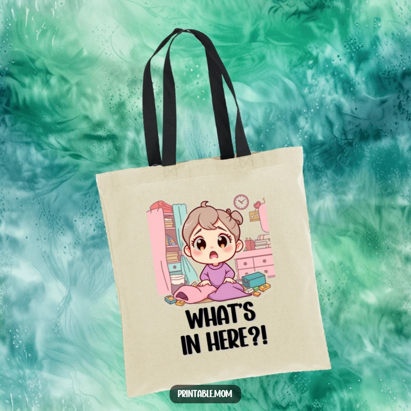 Funny tote bag displaying a mom character with wide, surprised eyes at a messy room, perfect for carrying items with humor.
